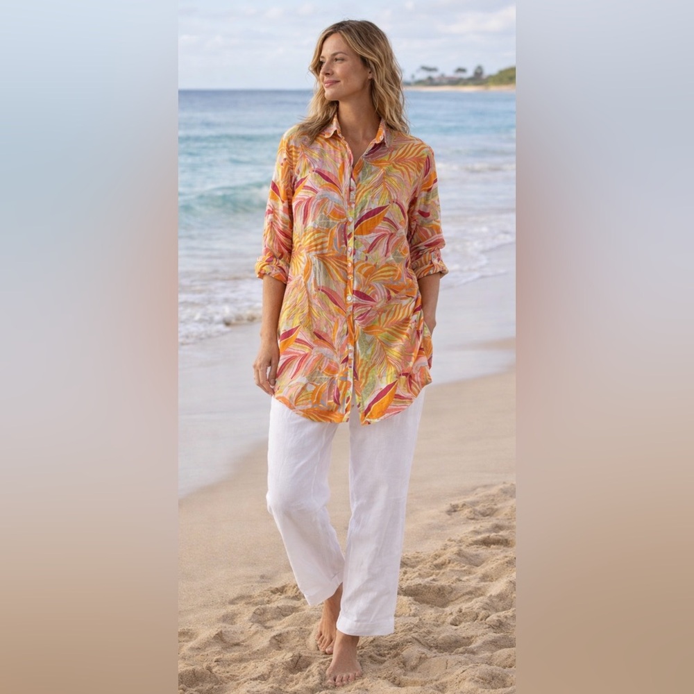 C&C California Tunic Top Tropical Floral Linen/Rayon Button Up Sz XL Beach Vacay